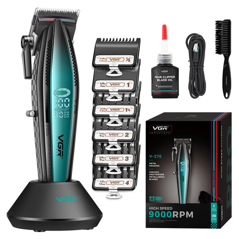 VGR 270 Hair Clipper for Men Professional Low Noise Wireless High Speed 9000 RPM Fresh Fade Ceramic Blade Hair Cutting Set with 6 Guide Combs USB Charging Station LED Display