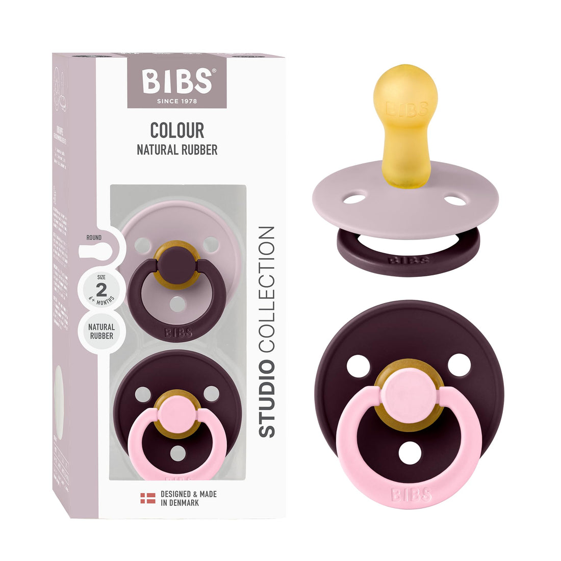 Bibs Pacifier Studio Colour 2 Pack Fusion Latex Size 2 Dusky Lilac Plum Mix