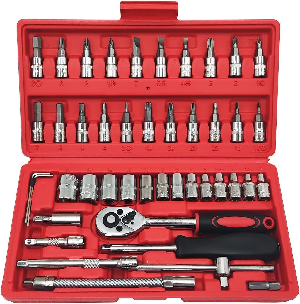 46-Piece Socket Set, 1/4-Inch Reversible Ratchet Wrench with Storage Case, Chrome-Plated Steel