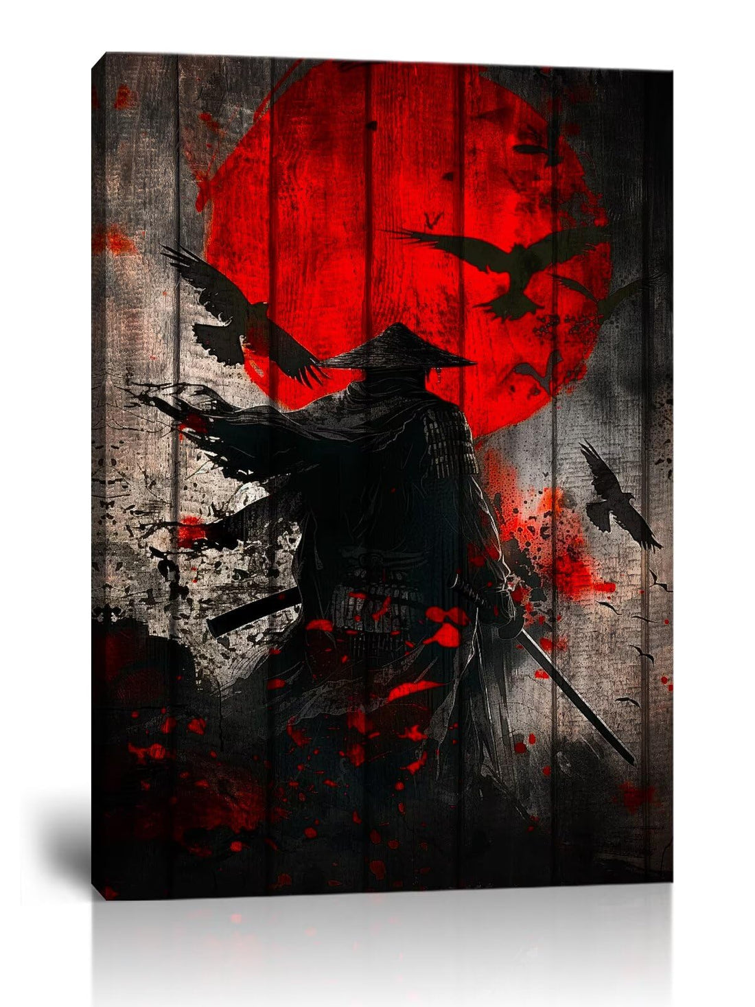 Japanese Samurai Retro Black and Red Atmosphere Asian Samurai Armor Red Moon Poster Canvas Wall Art Prints Bushido Poster Modern Home Decor Framed for Bedroom Living Room Office (12''W x 16''H)