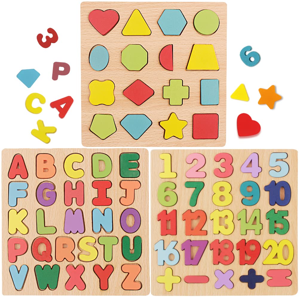 Wooden Puzzles for Toddlers, Wooden Alphabet Number Shape Puzzle ABC Learning for Toddlers 1-3 Years Old, 3 in 1 Early Education Letter Puzzle for Kids Boys Girls Ages 2-4