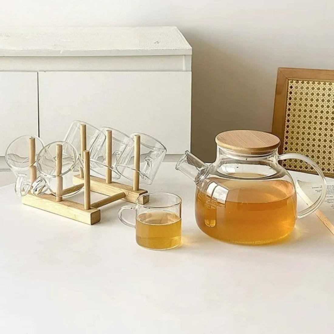 Glass Teapot Set with 6 Teacups & Removable Stainless Steel Infuser - Dishwasher Safe Clear Blooming Loose Leaf Teas, Tea Maker Gift