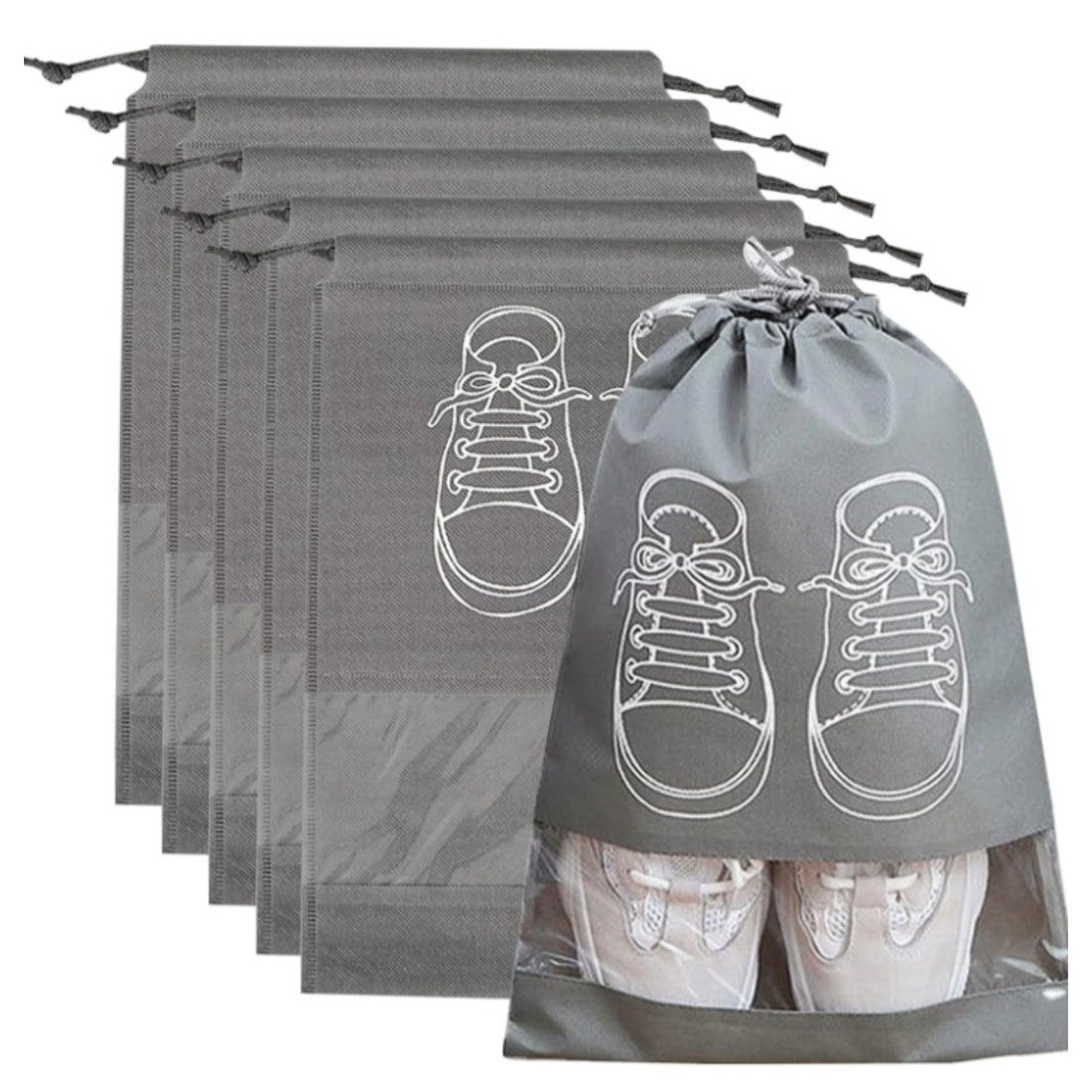 6 Pcs Thickened Drawstring Shoe Storage Bags Dustproof with Transparent Light, Waterproof Portable Organizers for Daily Use and Travel, Grey, Classic