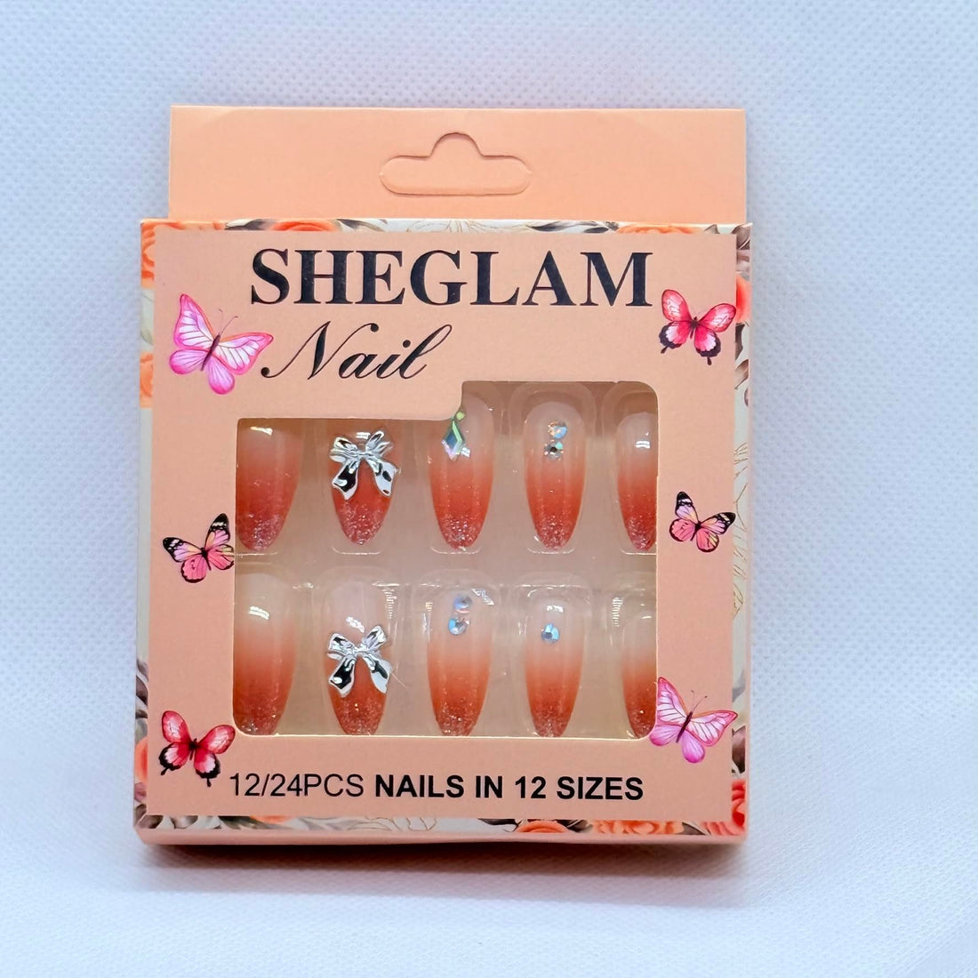 Press On Nails Almond Shape Professional Nail Art – 12 Colors & Designs, Salon Finish Luxury Fake Nails for Women (Peach Ombre & Nail Art)