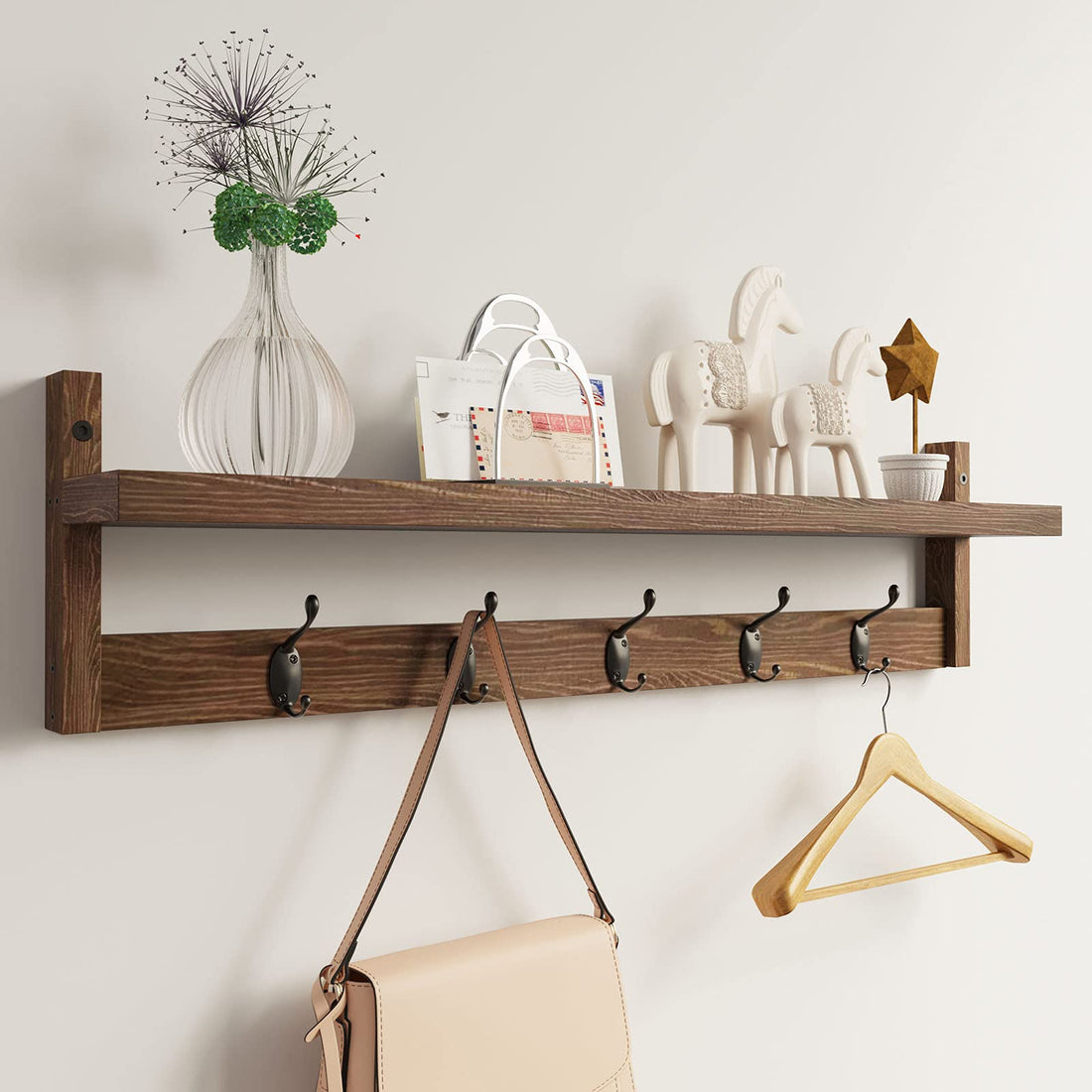 AMBIRD Wall Hooks with Shelf 28.9 Inch Length Entryway Coat Hooks for Bathroom, Living Room, Bedroom (Brown)