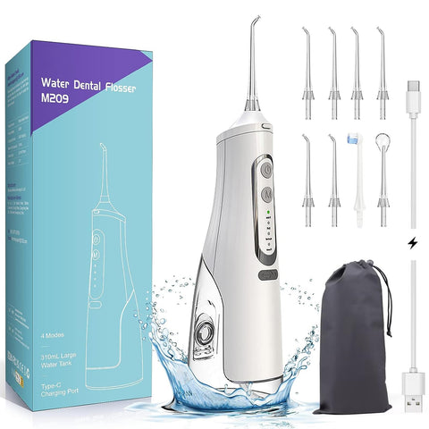 Annmiir Water Dental Flosser Cordless, Professional Irrigator for Oral Care with 8 Jet Tips 4 Modes 310mL Water Tank IPX7 Rechargeable and Portable Deep Clean Teeth for Home & Travel (White)