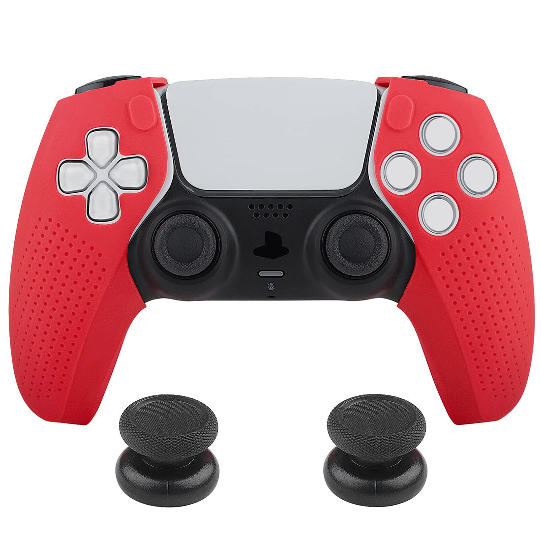 PS5 Controller Skin Fits Charging Station–Charger Mate Grip WeProGame Dobe Anti-Slip Silicone Handle Cover Case, PS5 Grip Accessories for Playstation 5 Duelsense Controller (Red Skin + Thumb Gripx2)