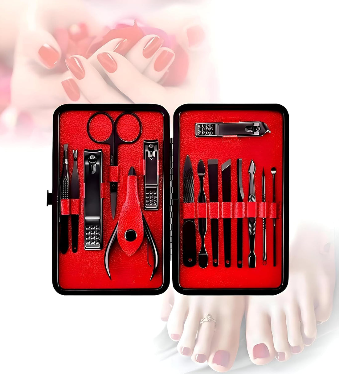 Nail Care Kit - 19-Piece Professional Manicure and Pedicure Set Featuring Stainless Steel Tools, Perfect for Travel with a Sleek Black and Red Case