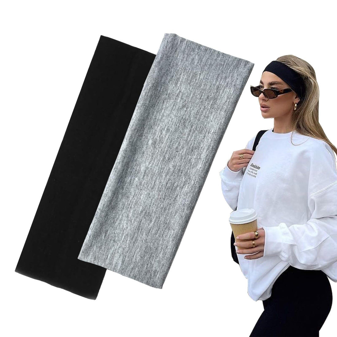 7cm Wide Black Headbands for Women Men, Yedtreg 2pack Fashion Head Bands for Women's Hair, Soft Fabric Stretchy Hair Bands for Makeup, Yoga, Running, Sports