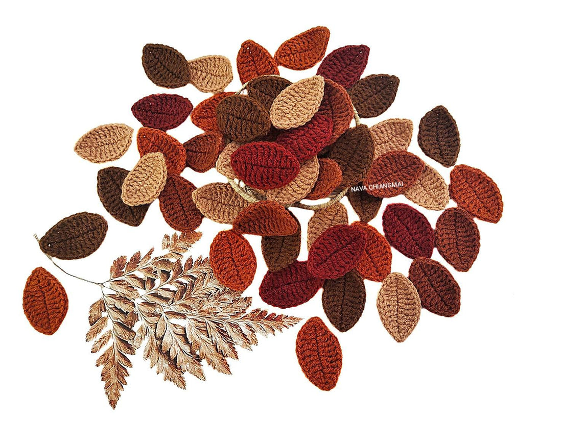 FLOWERS Handmade Crocheted Leaves Artificial Decorative Embellishment Scrapbook Craft Card DIY Cotton Yarn Appliqu Scrapbooking Wedding Doll House Supplies Card. (Brown)