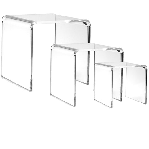 BANBERRY DESIGNS Clear Acrylic Risers - Set of 3 Assorted Sizes - Jewelry Display Shelf Fixtures Tabletop Stands - Transparent Retail Pedestals