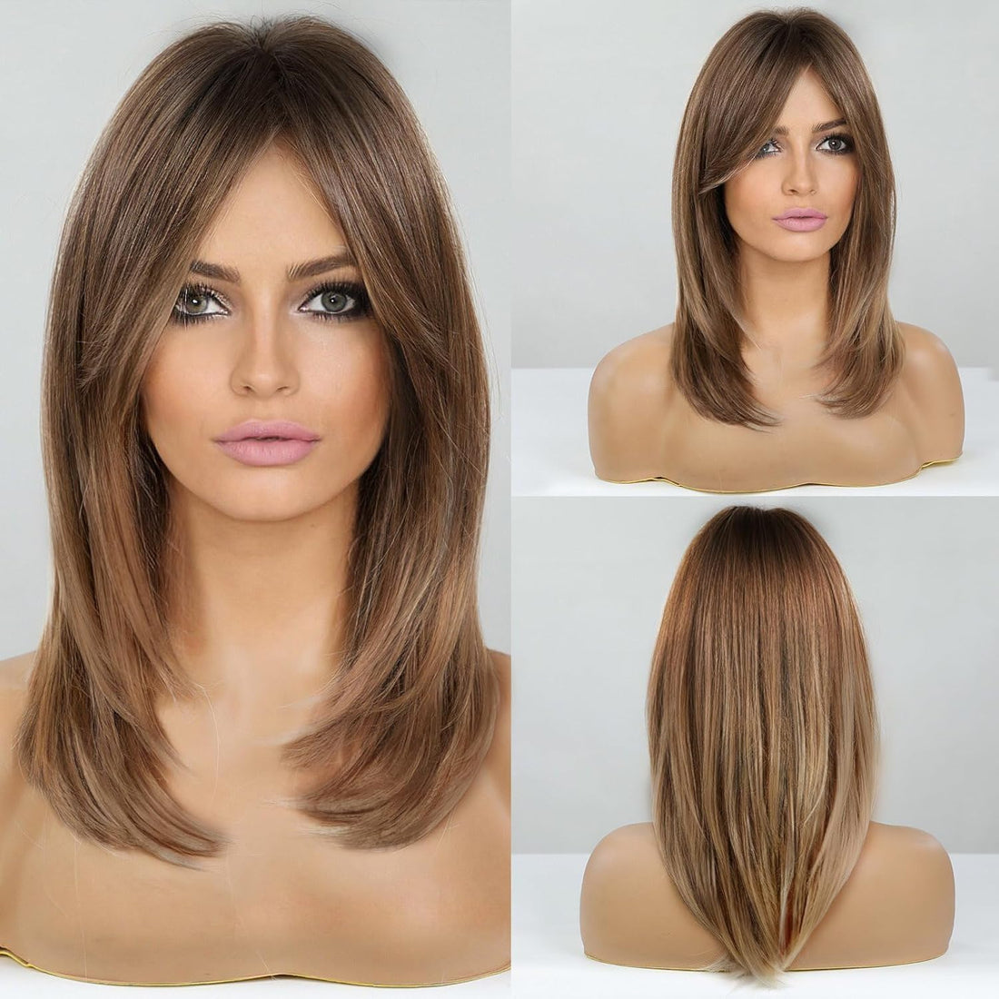 LONG Body Wave Wig Shoulder Length Synthetic Wig with Bangs 150% Density Ocean Heat Resistant Synthetic Fiber Curly Hair22 INCH -50cm to 55 cm-JW73-18/6 BLACK TO GREY BROWN