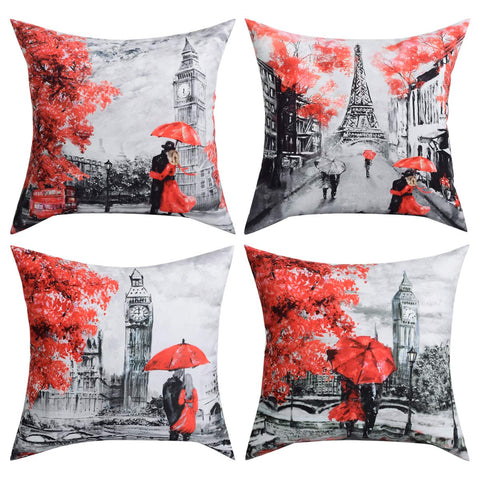 BLEUM CADE 4 Packs Throw Pillow Covers Black Red Color Eiffel Tower Big Ben Modern Couple Under Square Throw Pillow Cover Decorative Pillow Case Home Decor 18 x 18 Inch