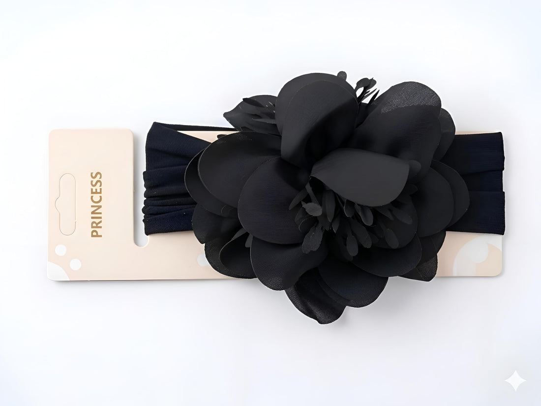 Floral Turban - Comfortable elastic head wrap with blooming flowers for baby girl infant toddler princess stylish hair accessory gift idea (black)