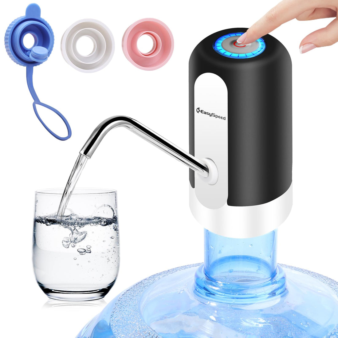 EASYSPEED Water Dispenser for 5 Gallon Bottle Portable Electric Water Pump with 2 Adapters USB-C Charging Battery Powered Automatic Drinking Water Dispenser for Camping, Travel, Office,Black