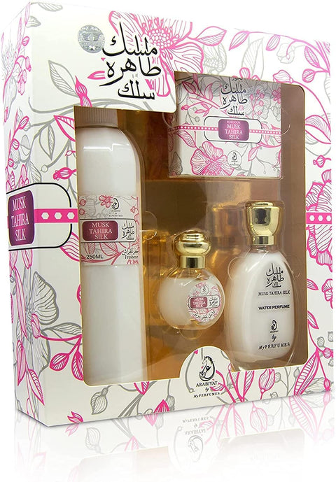 Musk Tahara White Musk 4 Piece Gift Set - Perfume Oil, Frankincense, Eau de Parfum, Room Fragrance, Oriental Arabic Islamic Fragrance Musc Attar Gift Box Unisex for Men & Women (Sweet)