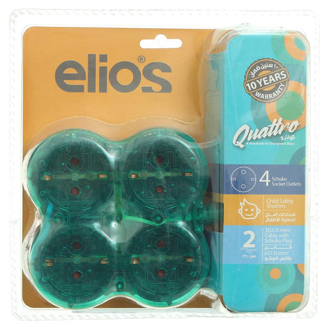 Elios POWER STRIP EXTENSION BOARD (Quatro) 4 Sockets 3680 W, Child Safety Socket Cover, Cord 3 M, Green