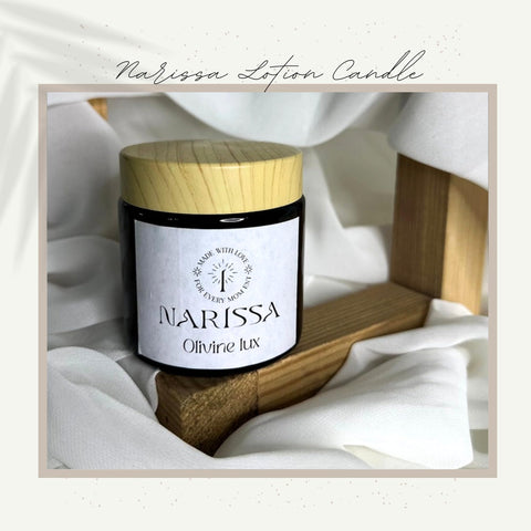 Narissa Luxury Scented Lotion Candle - Soy Wax, Cocoa Butter, Shea Butter, Olive Oil, Essential Oil, 100ml Glass Jar, Smokeless and Body Moisturizer (Pomegranate Musk)
