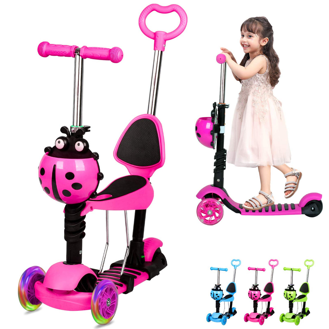 Kids Scooter, 3 Wheels Kick Scooter with LED Flashing Light, Adjustable Removable Handlebar & Seat & Push Handle for 2-8 Years Old Boys and Girls (Multicolor)