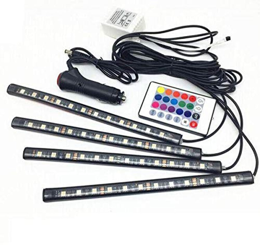 Car interior flashing light, 4 LED bulbs give 7 variable color remote control audio control