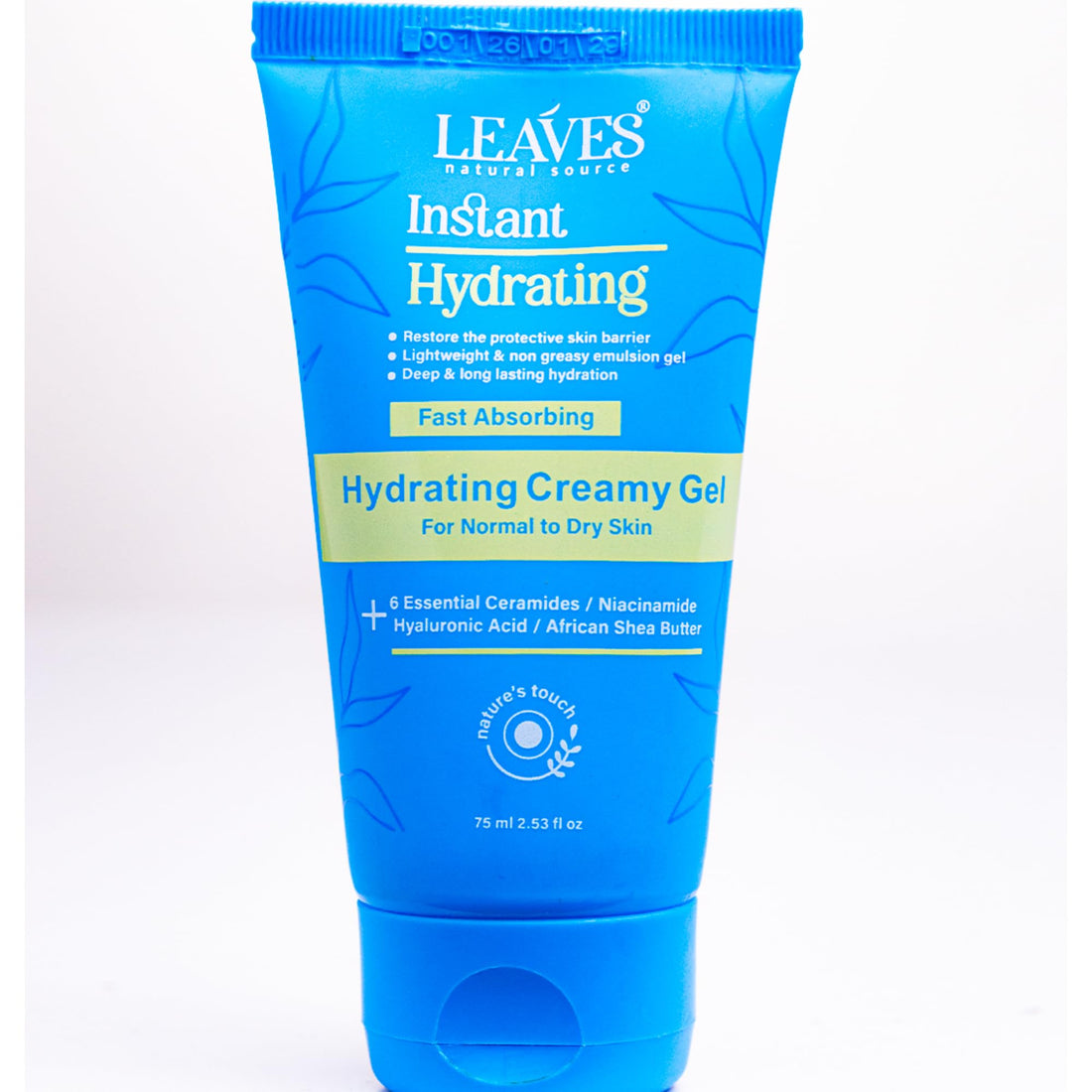 Leaves Instant Hydrating Creamy Gel for Normal to Dry Skin, Fast Absorbing with Ceramides, Niacinamide, Hyaluronic Acid, 75ml