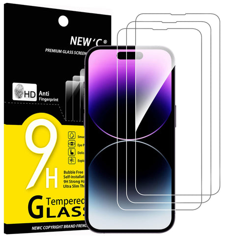 NEW'C Pack of 3 Tempered Glass Screen Protectors for iPhone 14 Pro Max (6.7 Inches) - Bubble-Free - Ultra Resistant (0.33 mm HD Ultra Transparent) 9H Hardness Glass