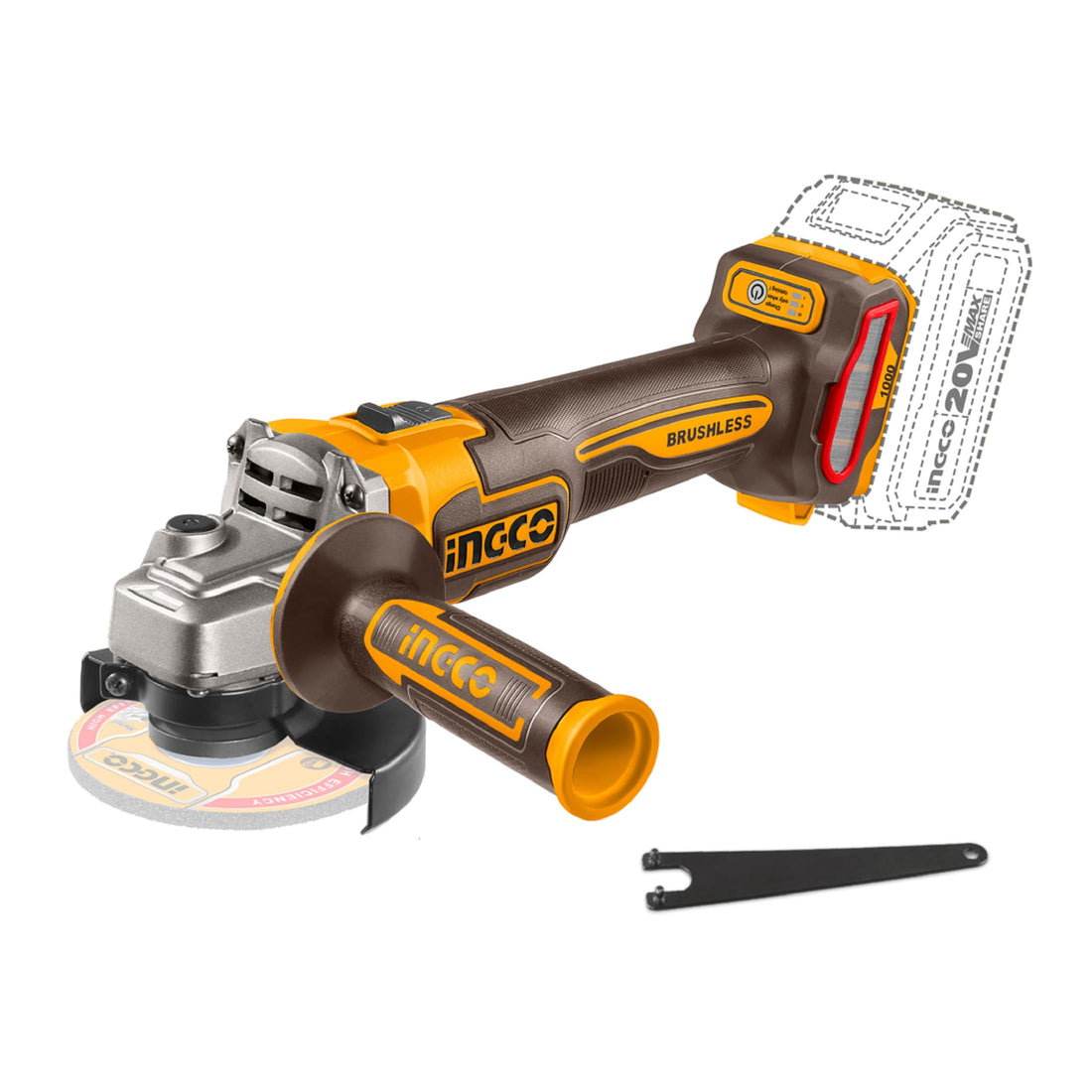 INGCO 20V Cordless Angle Grinder (Product Only) 115mm, 1000W, Brushless Motor for Cutting, Polishing and Sharpening CAGLI27153