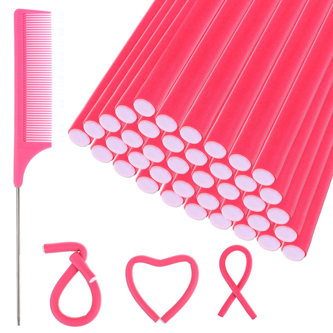40pcs 9.4inch Flexible Curling Rods Foam Hair Twist Rollers Hair Curlers Rollers- No Heat Sleep in Hair Rods with Comb for Short, Medium, Long Hair (Pink)