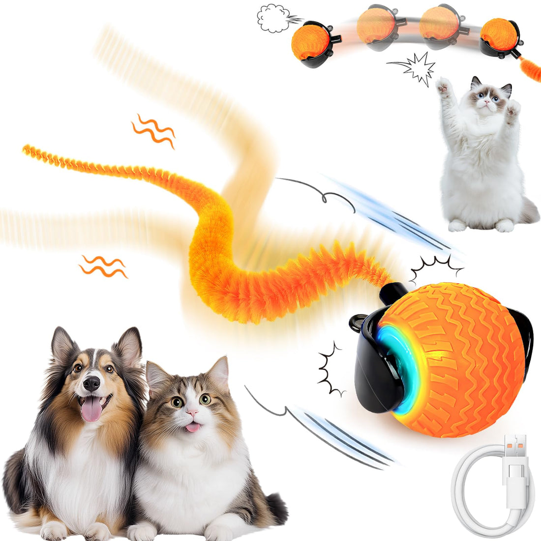Interactive Cat Ball Toy, Electric Automatic Rolling Dog Ball with Tail, 360° Active Rolling Toy for Dogs and Cats Rechargeable Smart Interactive Toy for