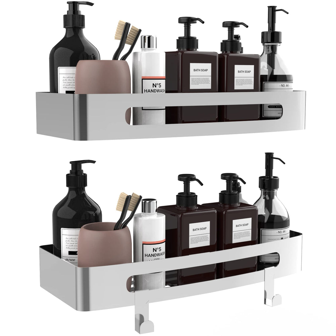 LEILA Shower Caddy Basket Shelf with Hooks, 2 Packs Caddy Organizer Wall Mounted Rustproof Basket with Adhesive, No Drilling, 304 Stainless Steel, Storage Rack for Bathroom Shower Kitchen (Sliver)