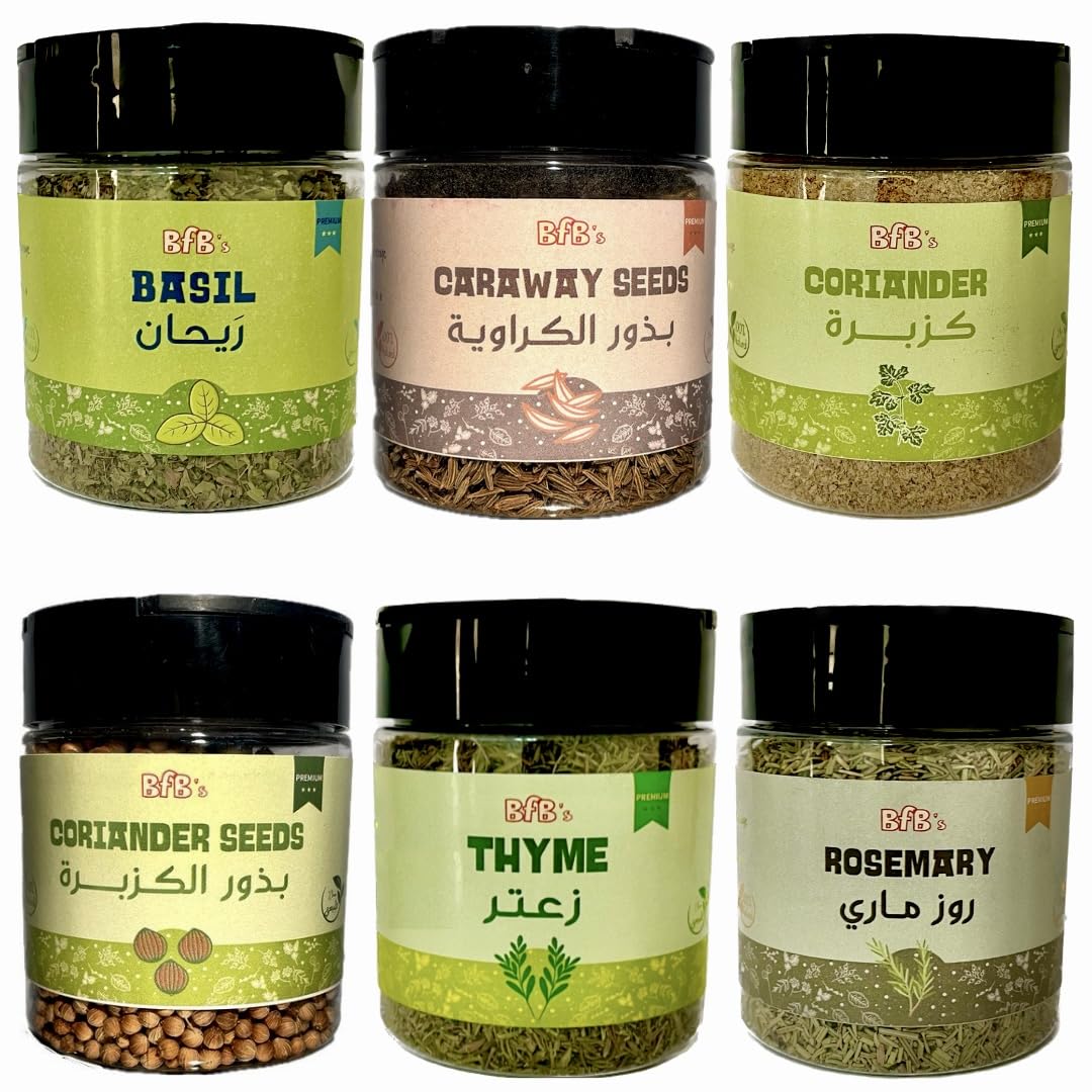 BfB's Wild Herbal Spice Collection - 6 Pack (Dried Basil, Caraway Seeds, Crushed Coriander, Coriander Seeds, Thyme Zaatar, Rosemary) 35g-100g