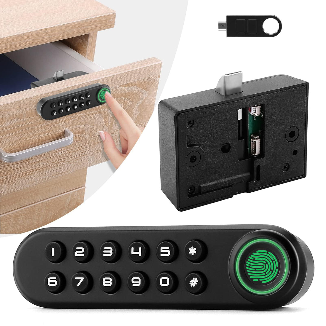 Tazweeq Fingerprint Cabinet Lock, Keyless Hidden File Drawer Wardrobe Lock, Smart Biometric Cabinet Password Lock, Child Safety Fingerprint Lock, Wooden Furniture Privacy Lock for Home Office, Black