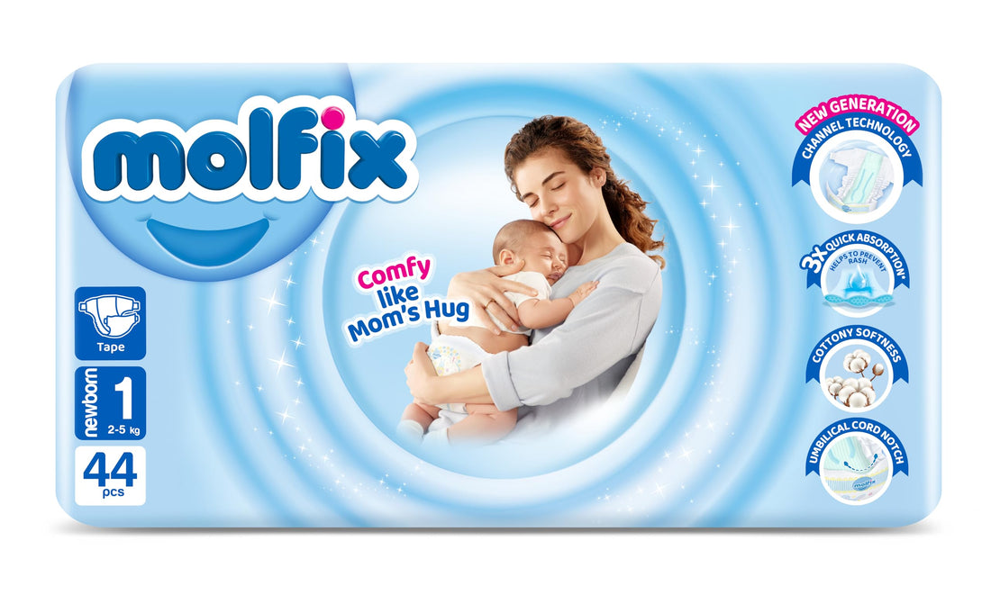 Molfix Baby Diaper Open Size 1, Twin Pack, 2-5 KG, 44 Units, Molfix Open Diapers, Size 1, 2-5KG, Twin Pack, 44 Count, Cotton Material
