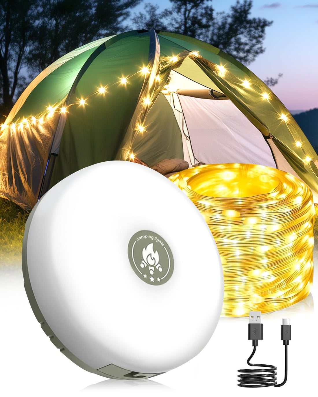 LED Outdoor Fairy Lights, 32.8FT USB Rechargeable 8 Modes Waterproof IP44 Portable String Lights for Camping, Awning, Tent, Garden Party