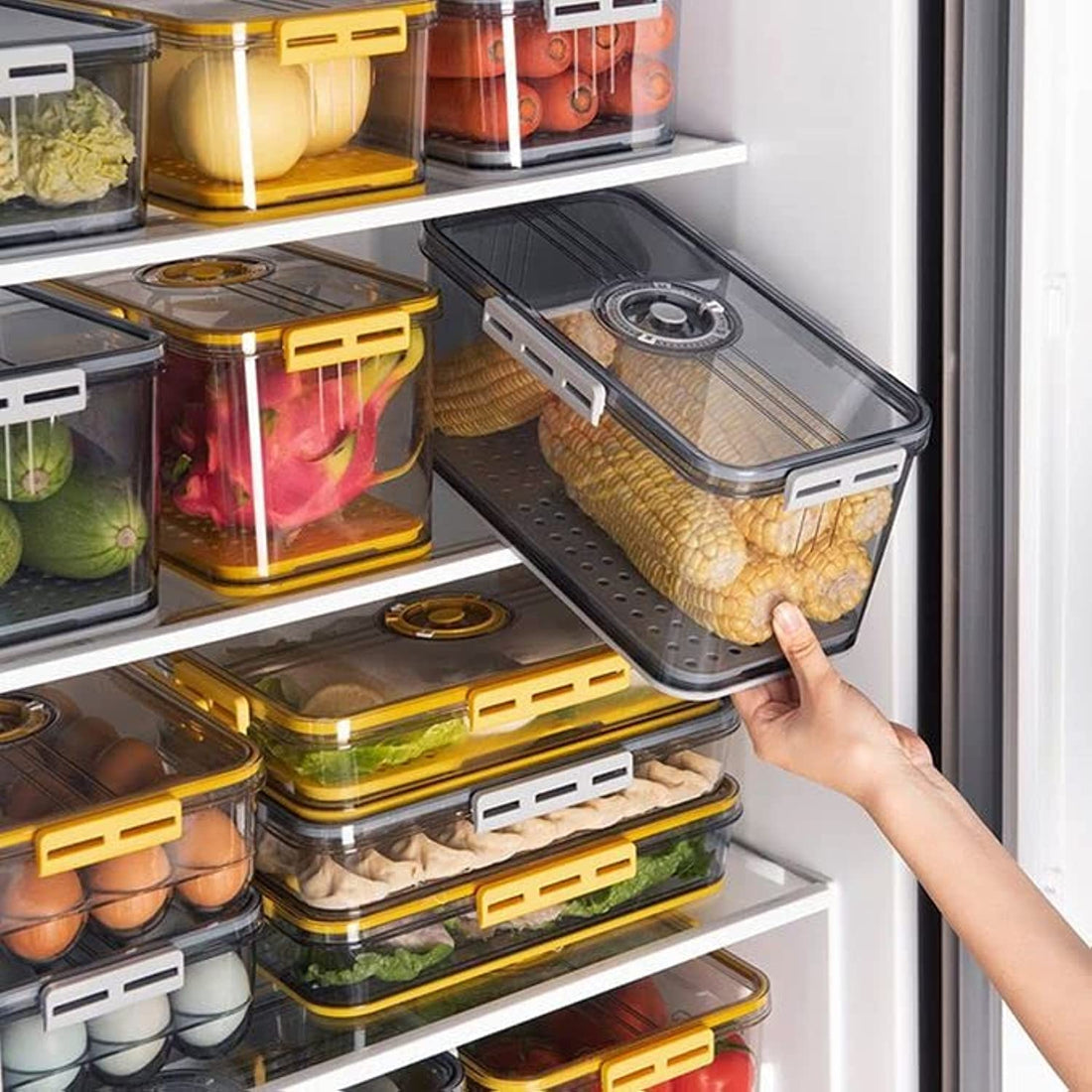 Food Storage Containers with Lid Time Recorder Fridge Organizers Airtight Reusable Refrigerator Freezer Storage Boxes Bins Keep Fresh Vegetable Fruit Meat (32.5 * 15 * 11 cm, Yellow)