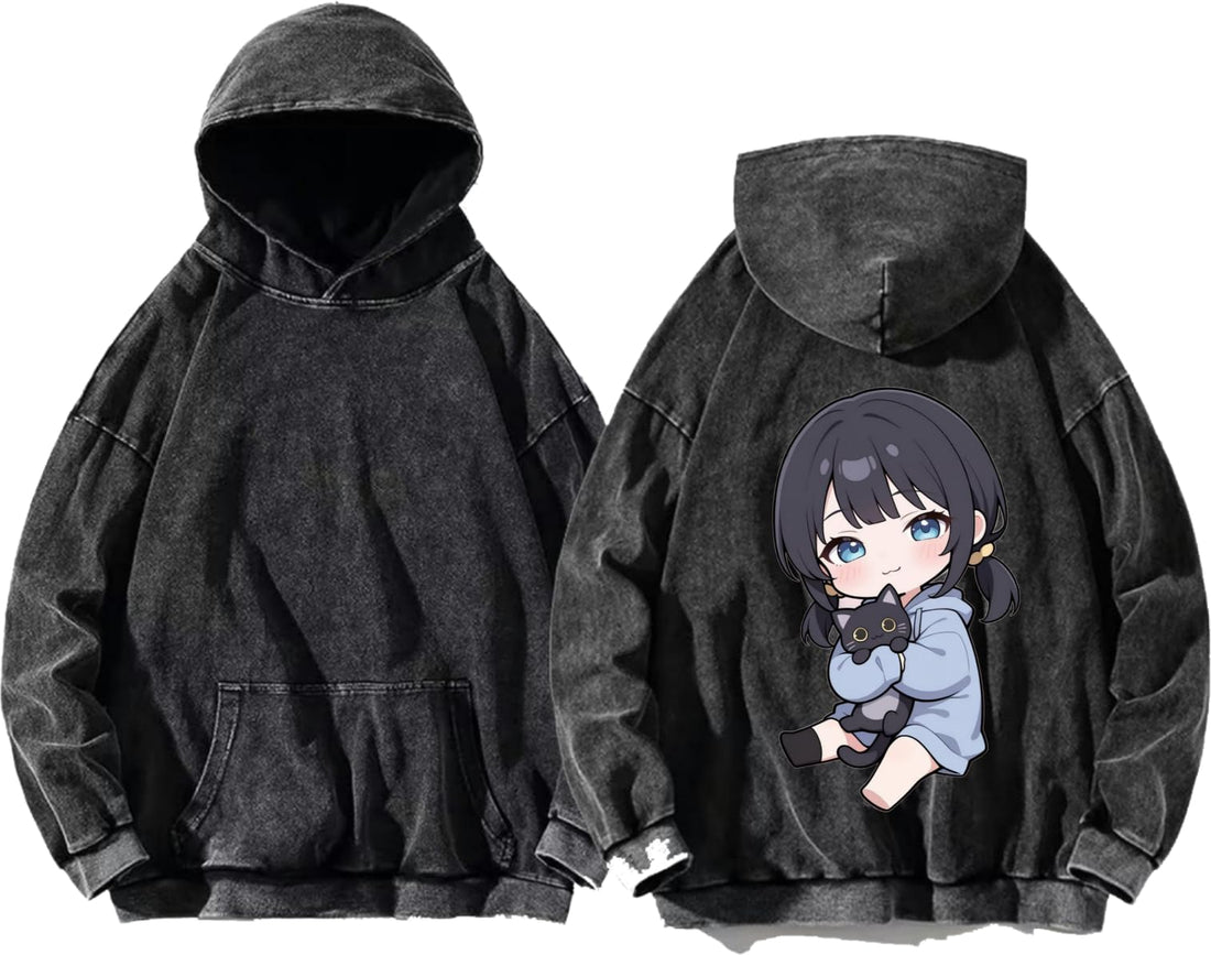 Cute Anime Girl With A Black Cat hoodie washed back