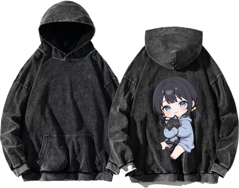 Cute Anime Girl With A Black Cat hoodie washed back