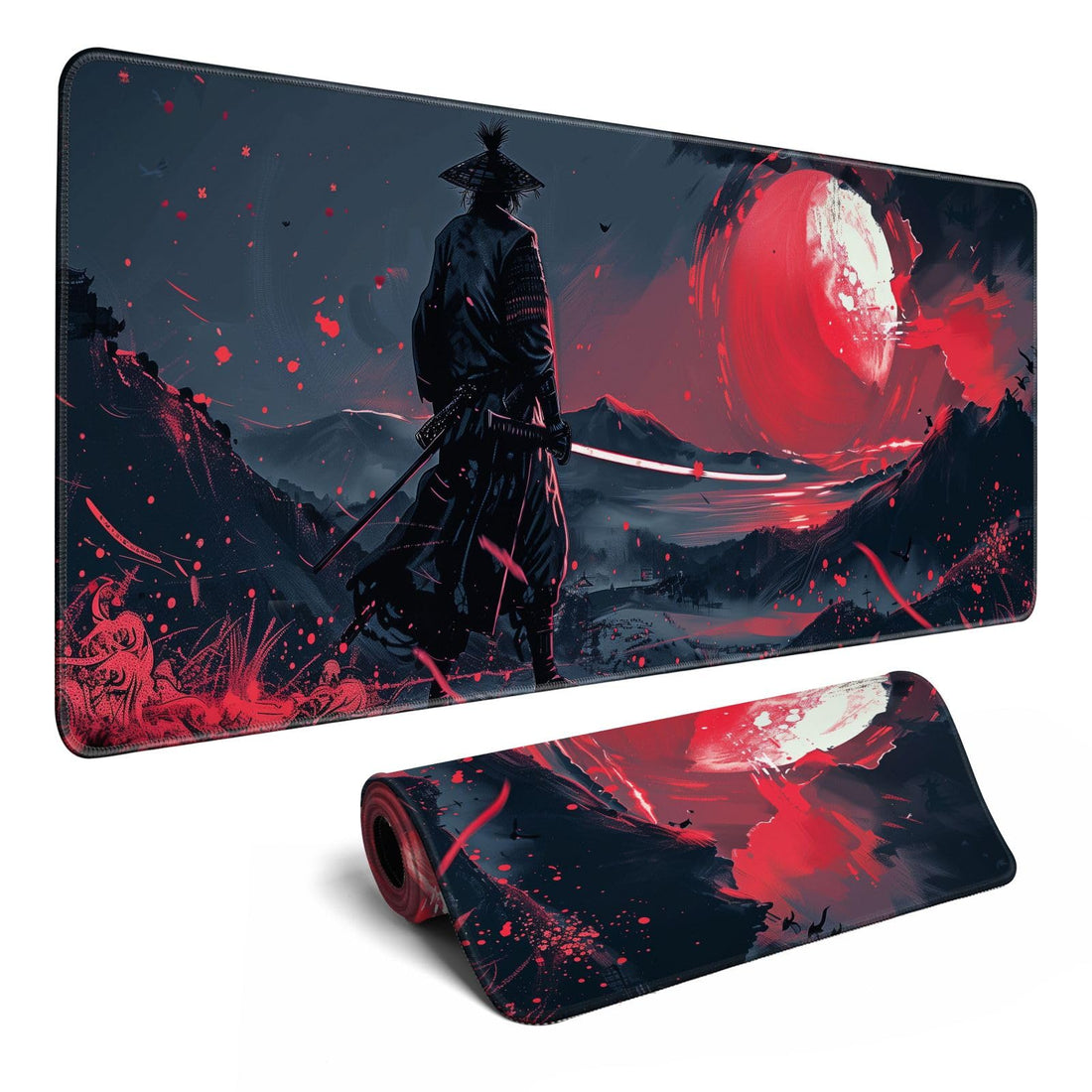 Black Desk Mat Japanese Samurai Mouse Pad XL Red Anime Big Mousepad Gaming Large Mouse Pad for Men Desk Pad with Stitched Edges Non-Slip Large Computer Mat, 31.5x11.8 in