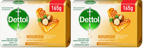 Dettol nourish anti-bacterial bathing soap bar for effective germ protection & personal hygiene (protects against 100 illness causing germs), honey & shea butter fragrance, 165g (Pack of 2)