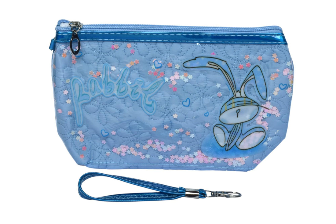 Rabbit Printed Cosmetic Case With Handle - Blue