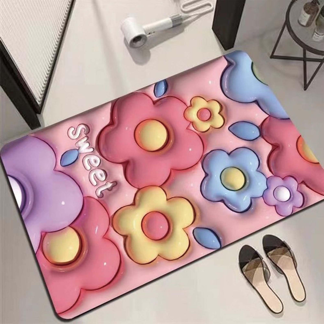 Pawertech Bath Rug, 5D Print Bathroom Mat, Innovative Diatomaceous Earth Material, Super Absorbent, Quick Dry, Non-Slip Rubber Bottom, Washable and Reusable (Flower 4)