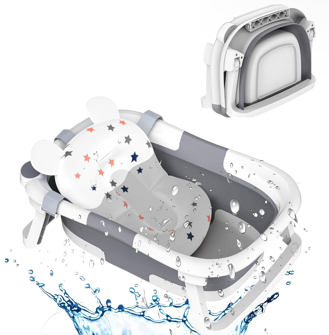 Baby Bath Tub,Collapsible Toddler BathTub with Baths Support Cushion Pad Seat Mat,Baby Bathtub Newborn to Toddler 0-24 Months,Baby Essentials for Newborn Portable Travel Baby Bath Tub
