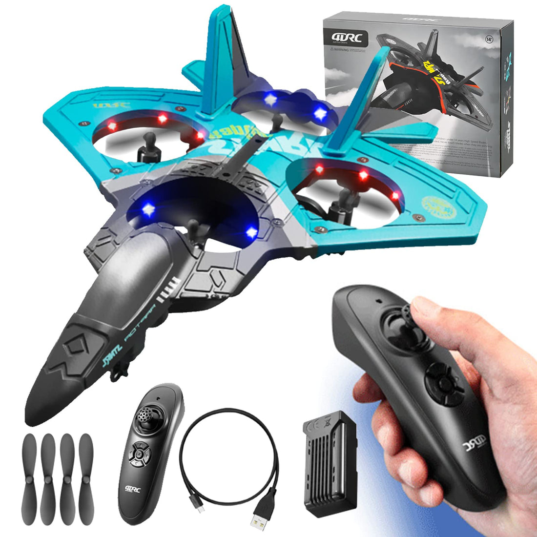 V17 Fighter RC Aerobatic Aircraft Drones for Kids&Beginners,Four-Rotor Aircraft Toys with 4 Motors, 360°Stunt Roll, Gravity-Sensing Remote Control, 15 Minutes of Life, LED Color Lights