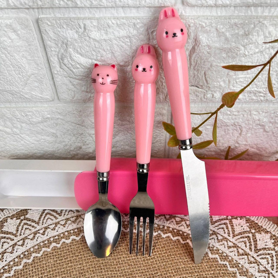Generic Cute Animal Cutlery Set for Kids, Pink Stainless Steel Spoon Fork Knife with Cat and Bunny Handles, 3-Piece Children's Utensil Set with Storage Case .bar