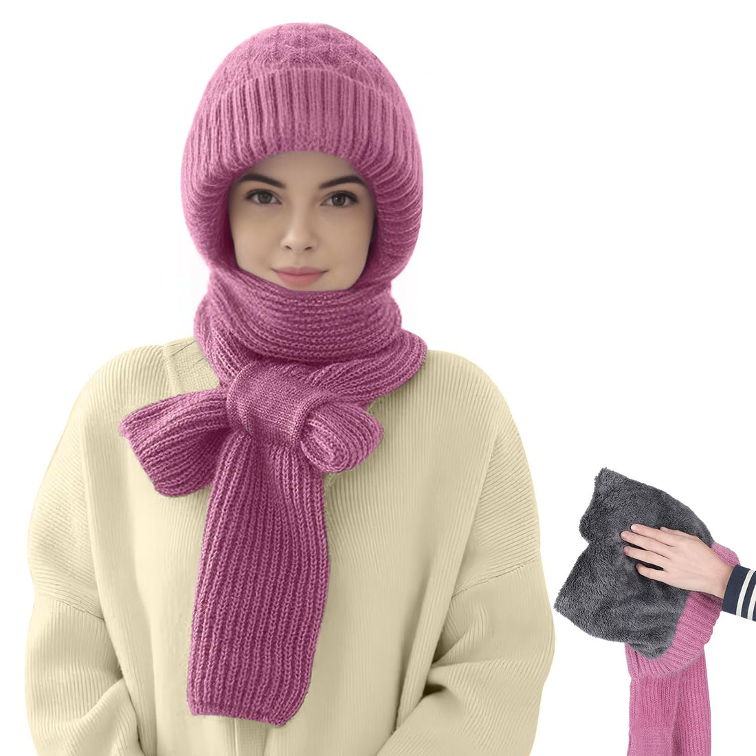 Integrated Ear Protection Windproof Cap Scarf,Winter Warm Conjoined Ear Protection Knitted Hat,Winter Beanie Hat Scarf