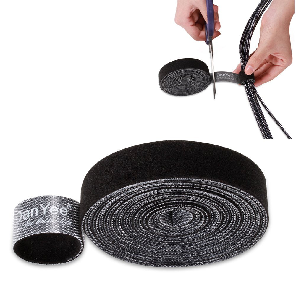 DanYee Reusable Ethernet Cable Wire Straps 2 Roll Cable Ties Hook & Loop Nylon Fastening Tape Wire 3M Adjustable Wire Organizer Cord Rope Holder for Computer Cable Management(BLACK-3M(2 Roll))