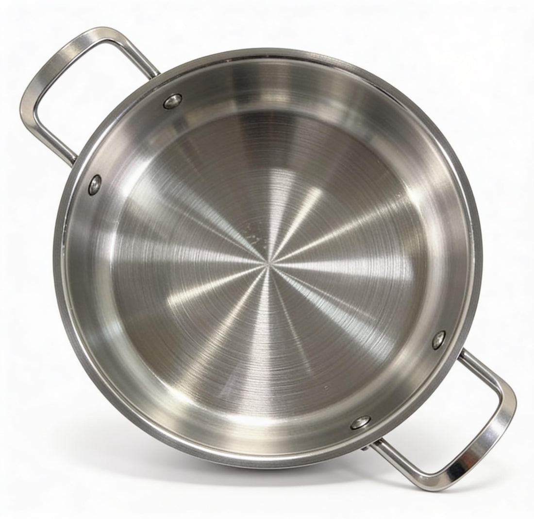 Silver Stainless Steel Cooking & Serving Pan 20cm – Professional Frying Wok with Double Handles, Durable Brushed Finish, Imported Premium Cookware.