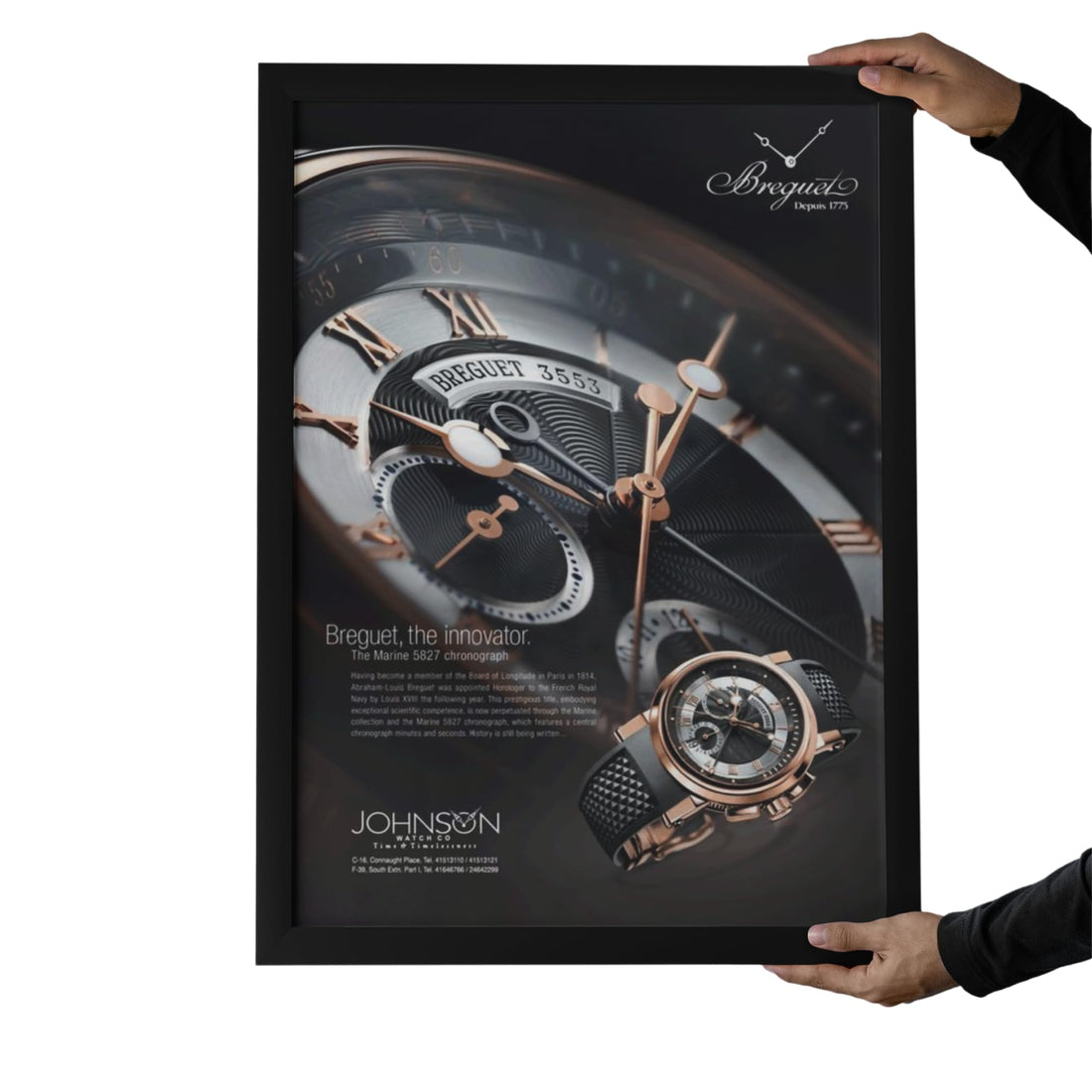 Johnson Watch Co Breguet Marine 5827 Chronograph Watch Wall Poster, Black Wooden Frame, 30x40 cm