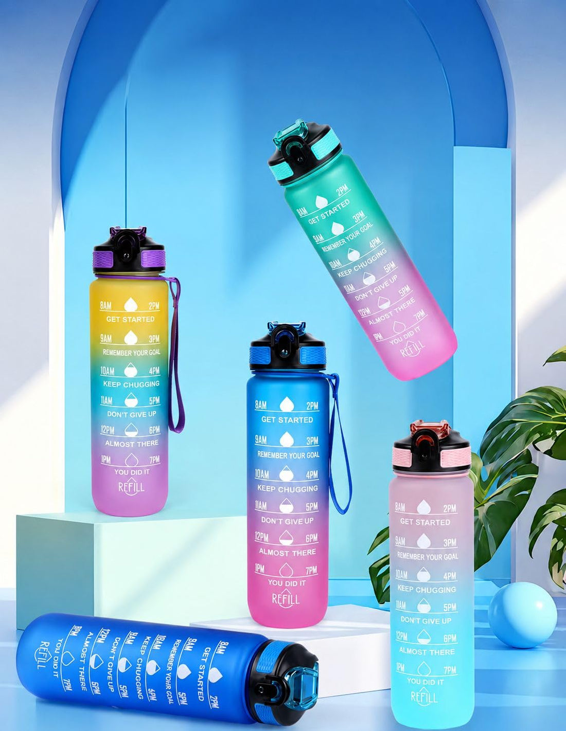 1L Sports Water Bottle with Motivational Time Marker - BPA Free Healthy Water Bottle with Straw and Carrying Strap - Water Bottle for Fitness, Gym, School - Leakproof Gradient Design