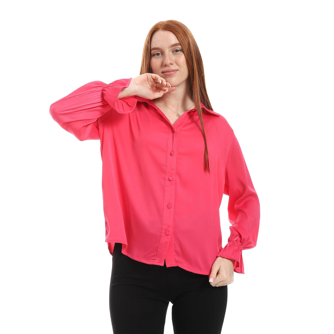 Women's Satin Blouse, Long Puff Sleeves, Button-Down, Collared, Relaxed Fit